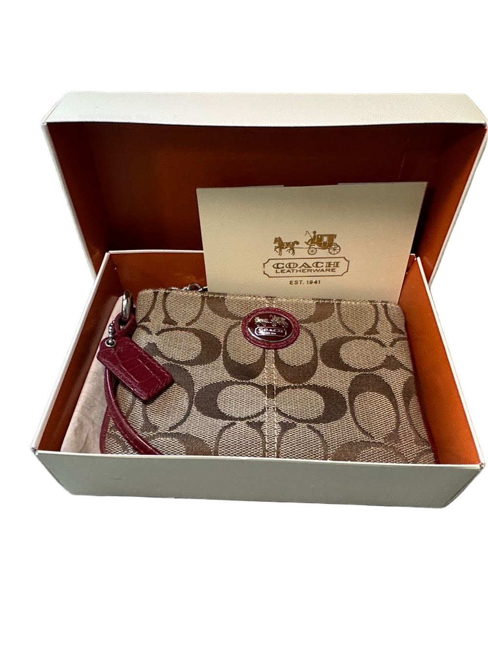 Coach Brown Signature Canvas Wristlet with Burgundy Accents in Box